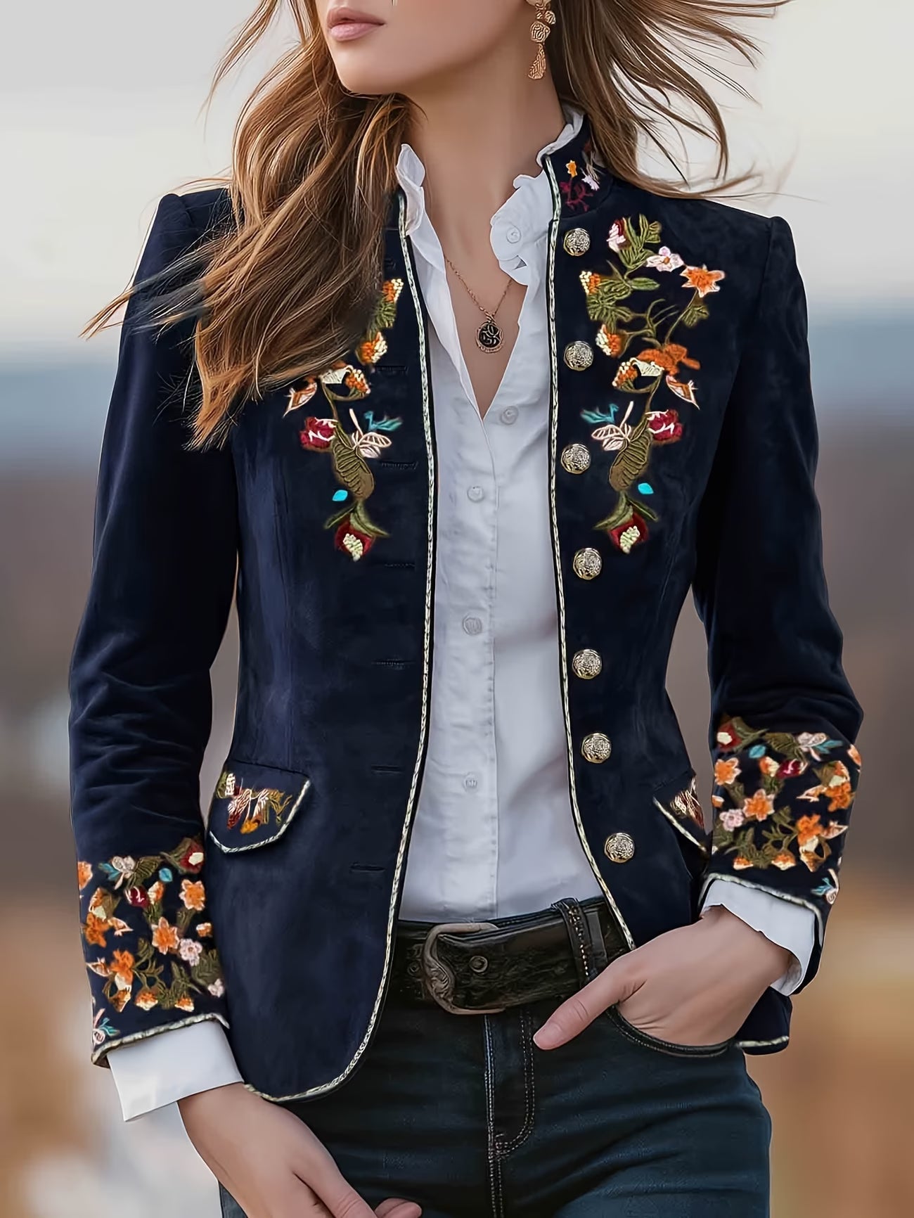 Anisaa | Embroidered Button Front Stand Collar Jacket