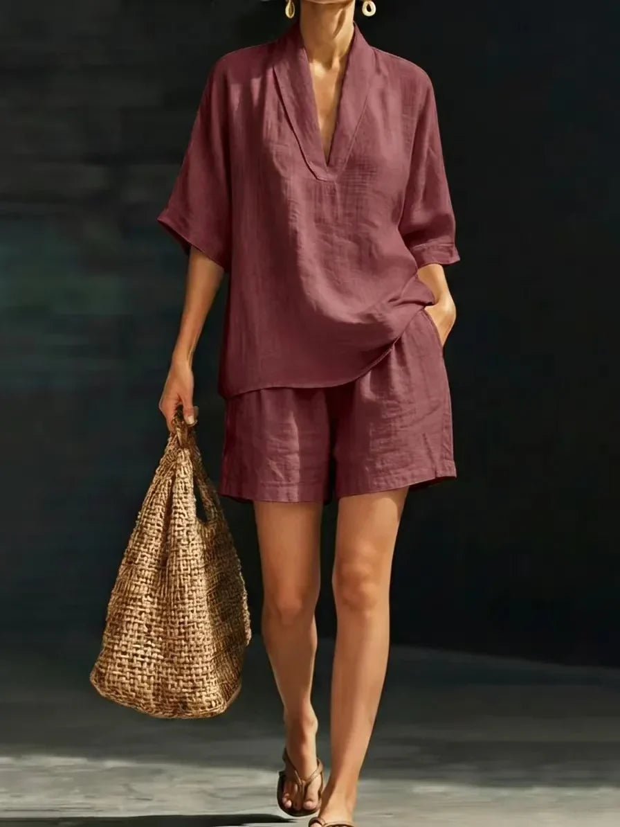 Silvani | V Neck Top Shorts Set Loose Fit