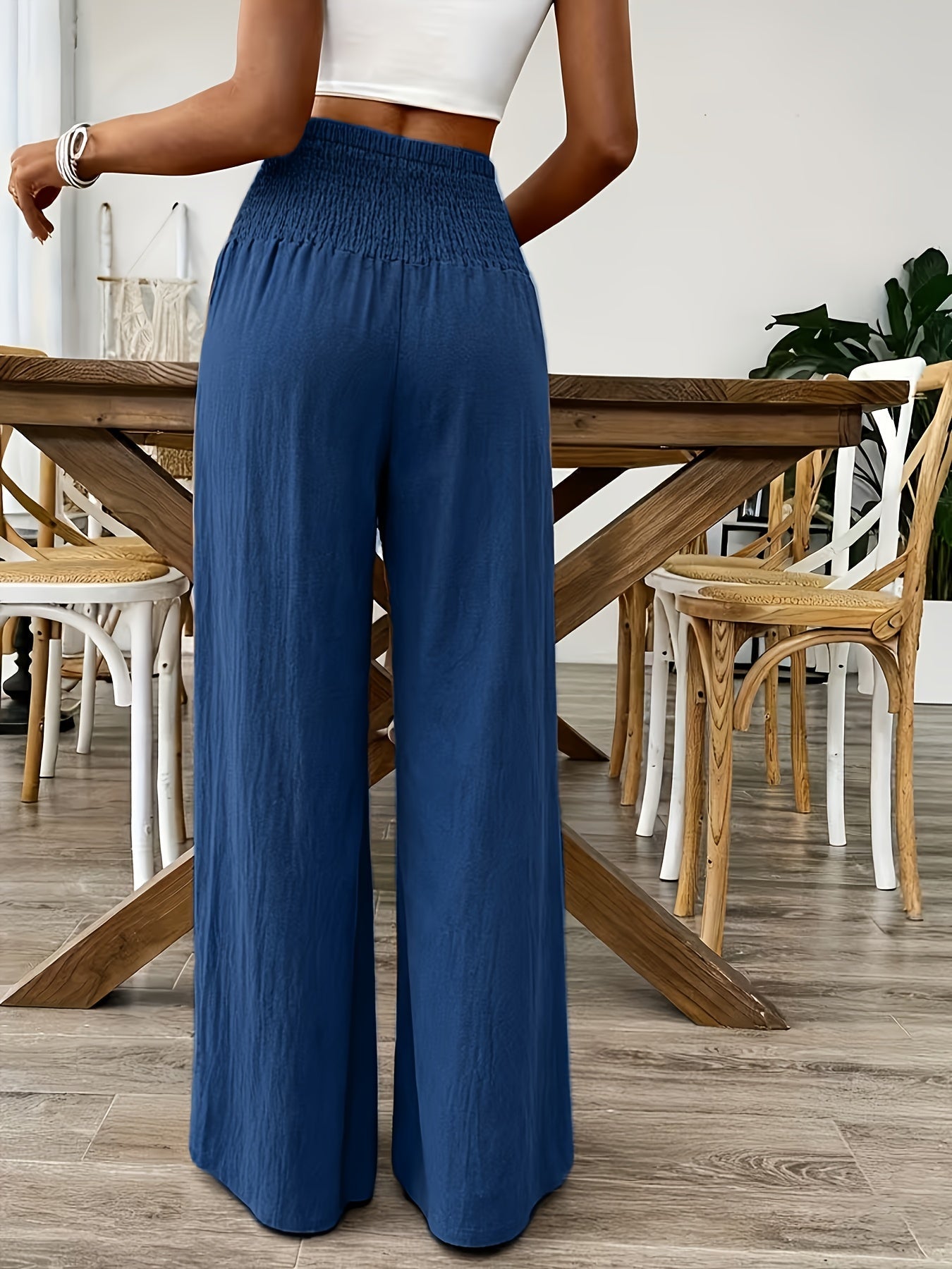 Rebeki | Pants High-Waisted Wide Leg Drawstring Smocked Waist