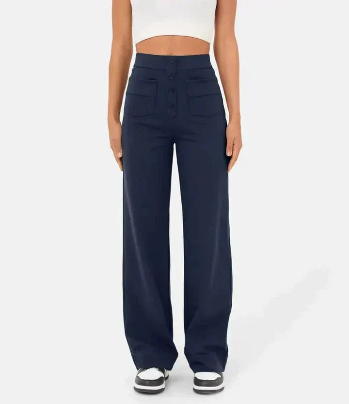 Elke | High Waist Button Front Wide Leg Trousers