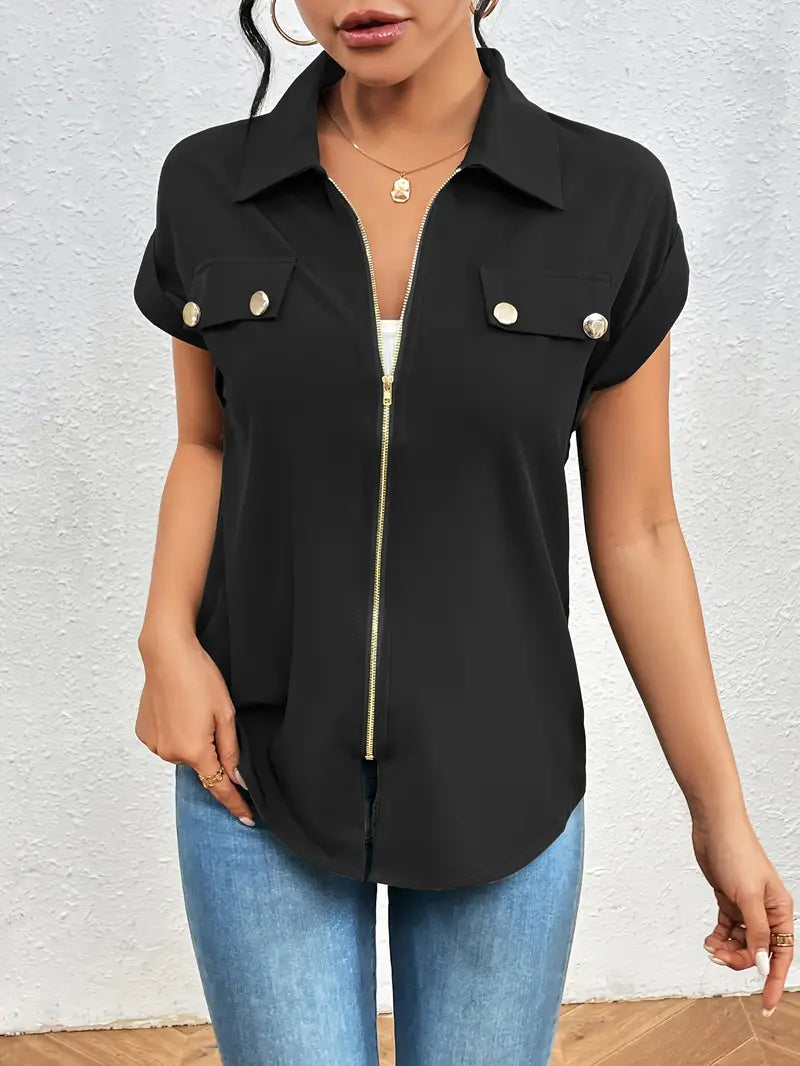 Alfano | Zip Front Collared Short Sleeve Blouse