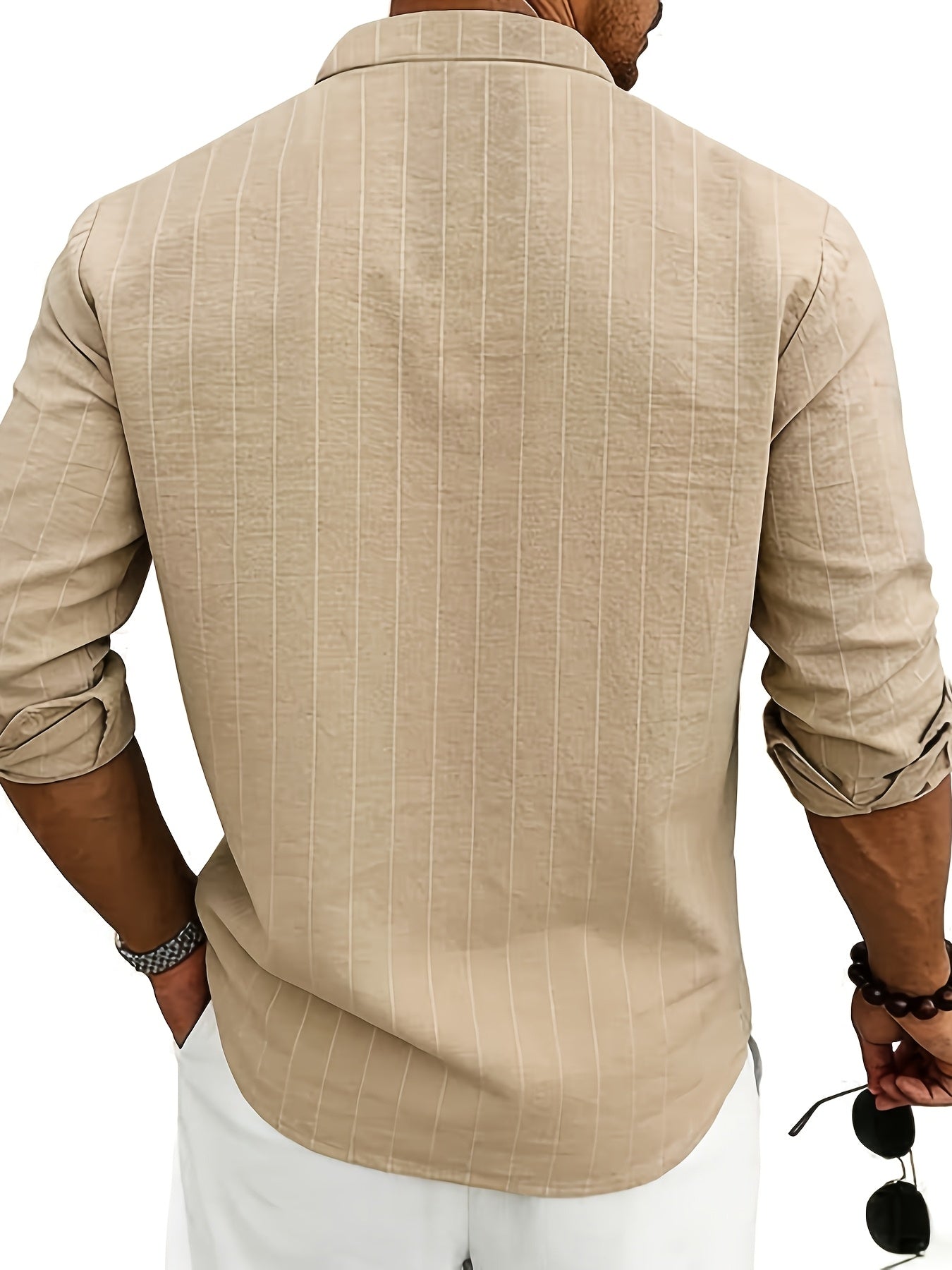 Leslie | Long Sleeve Striped Band Collar Shirt