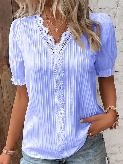 Madelen | V Neck Lace Trim Pleated Blouse