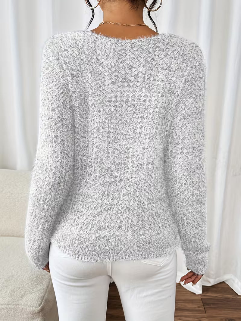 Aderah | Textured V-Neck Long Sleeve Knit Sweater