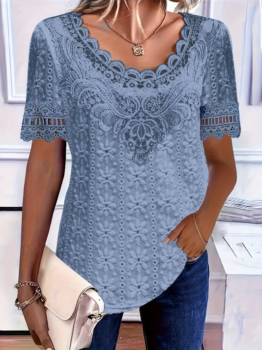 Rickea |  Floral Lace Neckline Short Sleeve Blouse