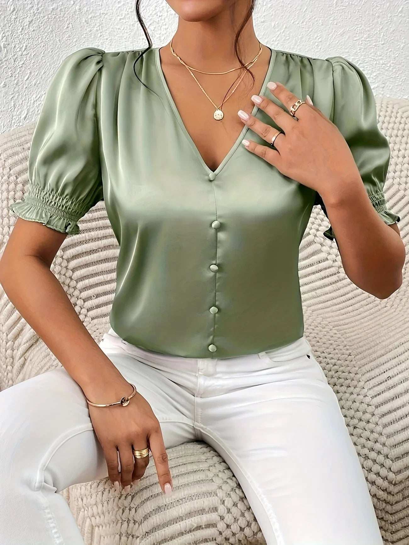Abella | V-Neck Puff Sleeve Button Blouse