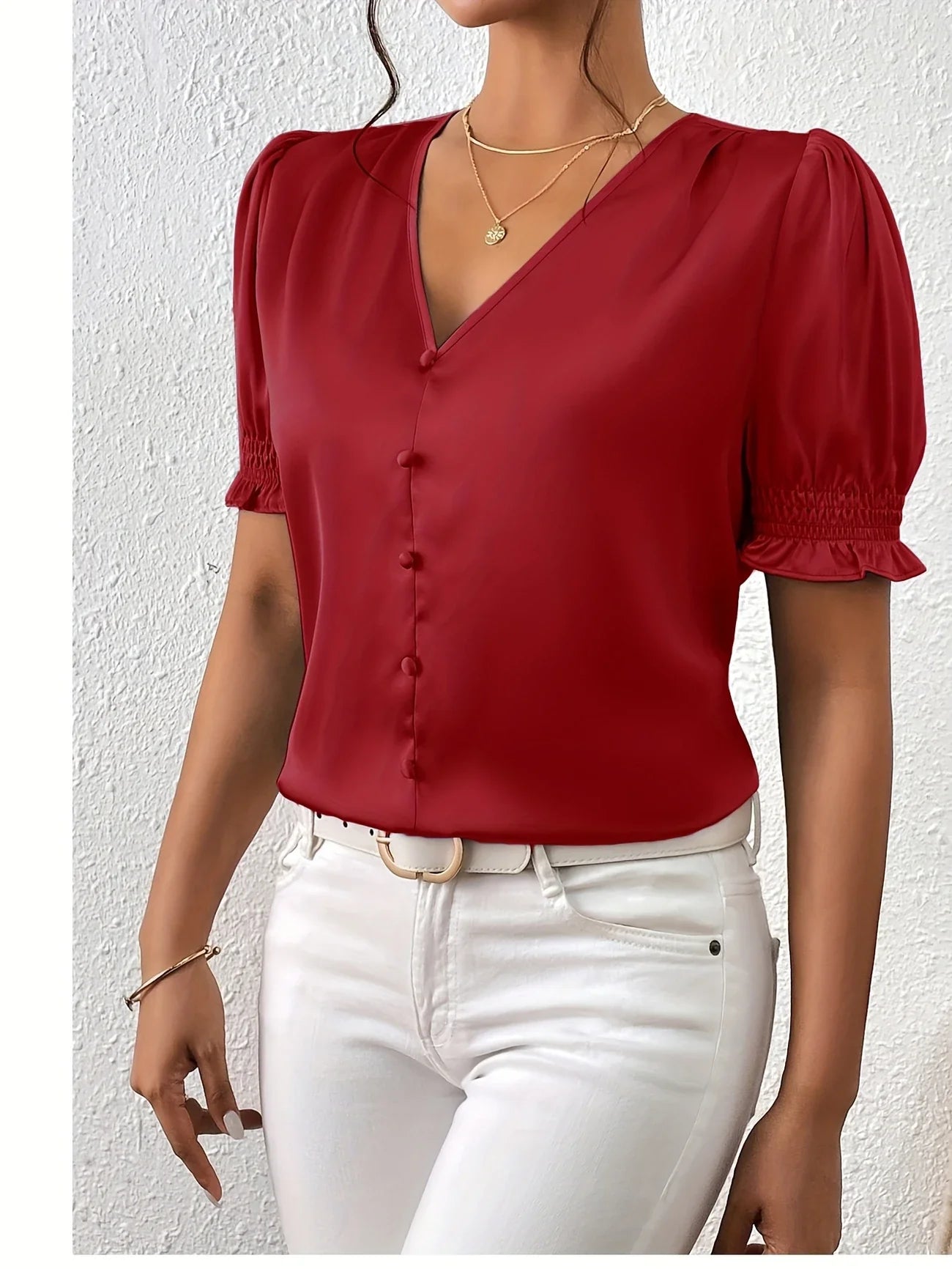Abella | V-Neck Puff Sleeve Button Blouse