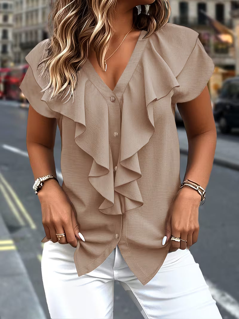 Salma - Ruffle Front V Neck Button Blouse