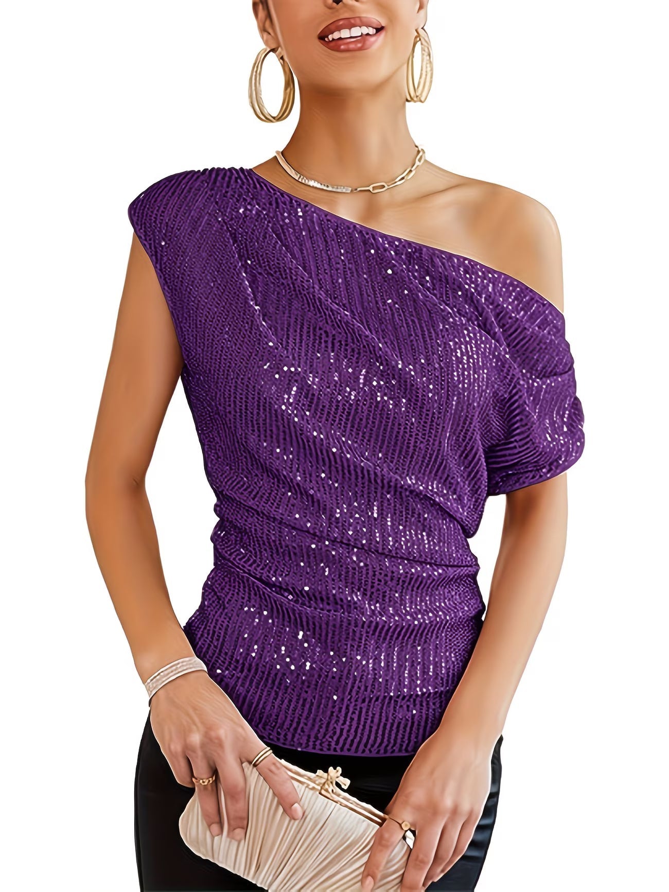 Jhasel | Sequin One Shoulder Short Sleeve Blouse