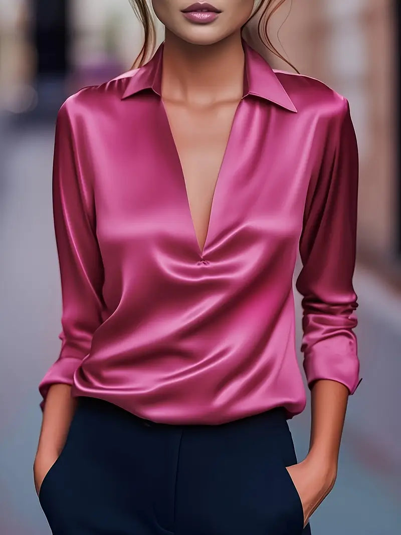 Lianyandra | V-Neck Satin Blouse in Light Pink