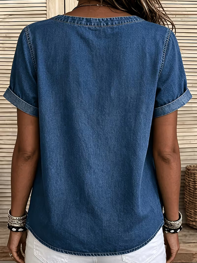 Ferina | Distressed Denim Look Short Sleeve Top