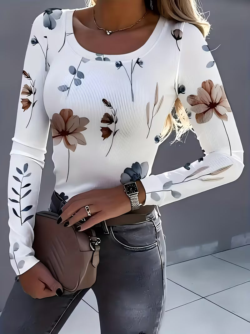 Rabiye | Long Sleeve Floral Print Ribbed Top