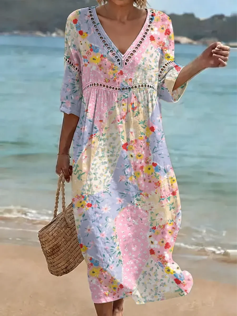 Lyanna | Floral V-Neck Three-Quarter Sleeve Maxi Dress