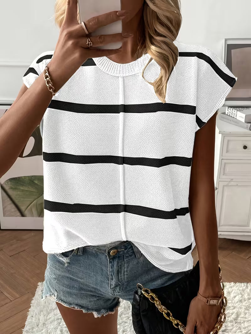 Enila | Striped Knit Sweater with Short Sleeves