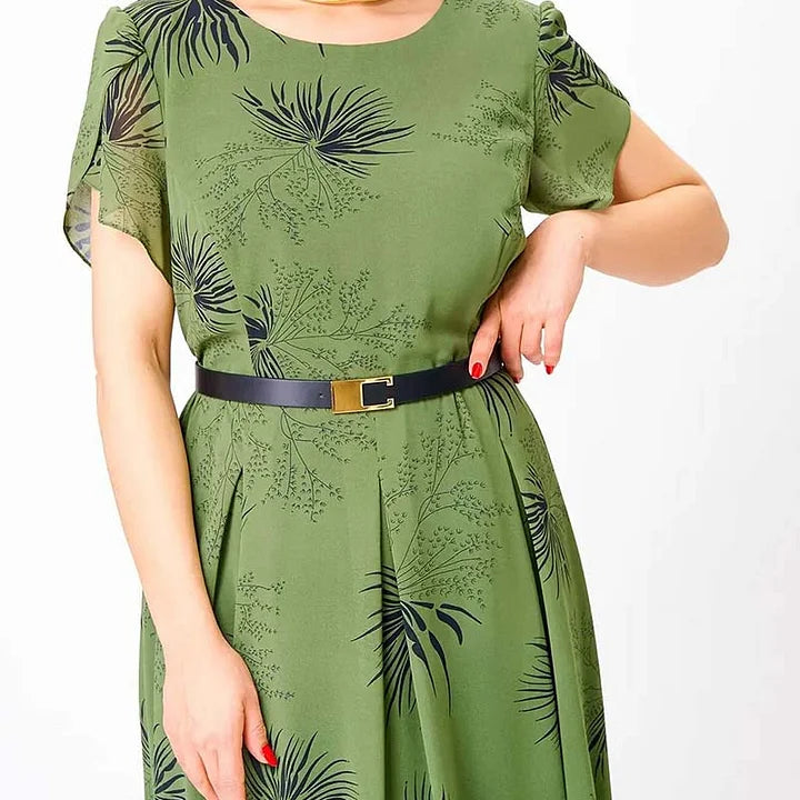 Basma | Leaf Print Short Sleeve Midi Dress