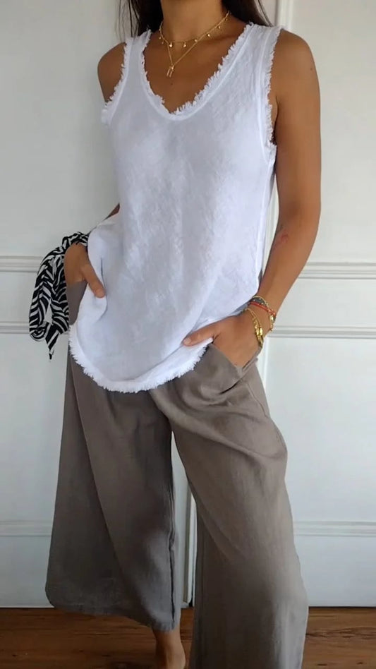 Myriam | Sleeveless V Neck Frayed Hem Vest Top