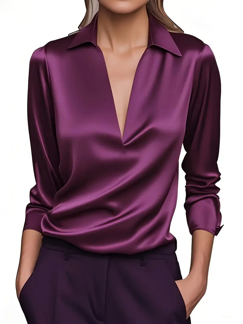 Lianyandra | V-Neck Satin Blouse in Light Pink