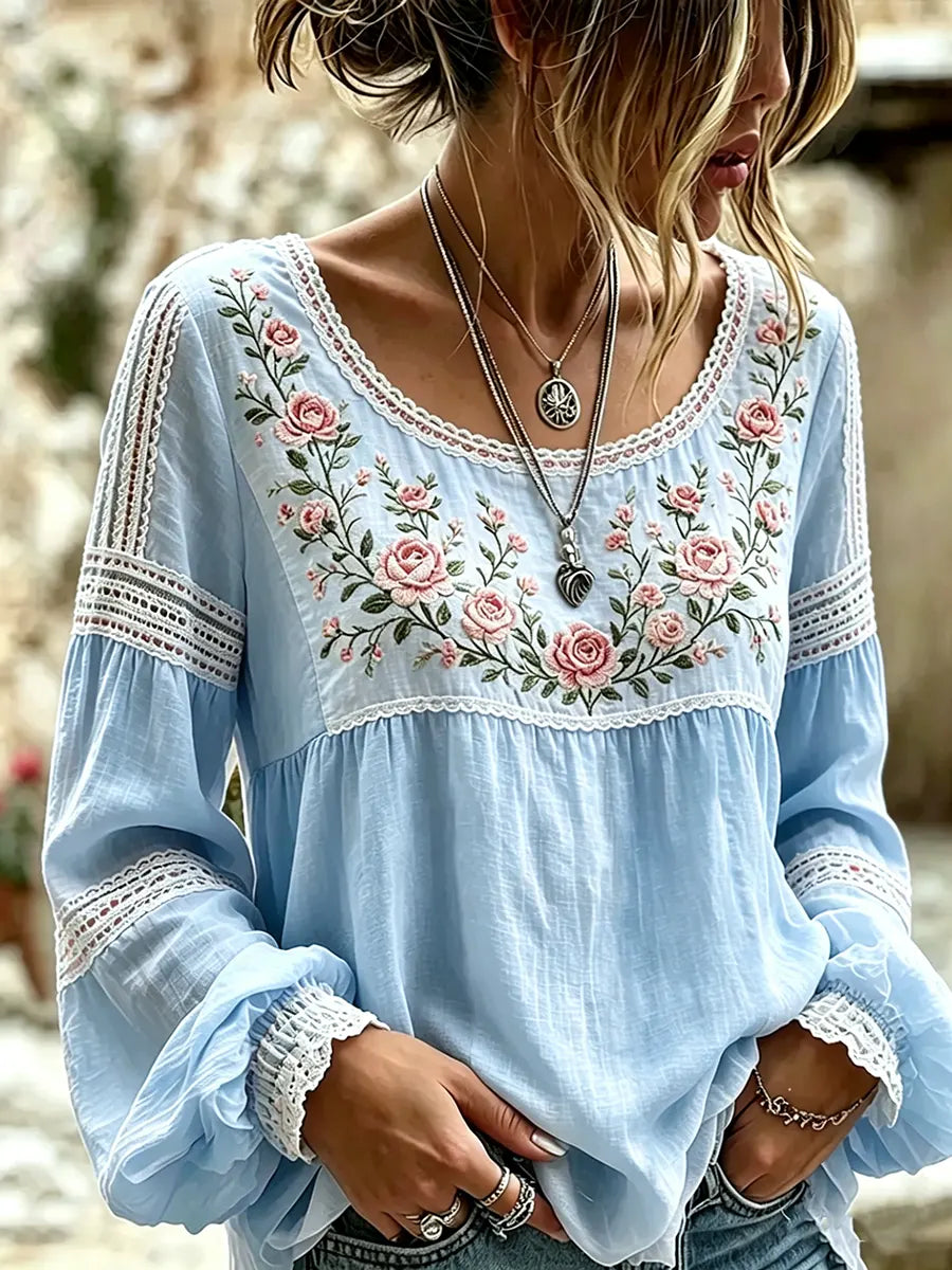 Esraa | Floral Embroidered Long Sleeve Blouse