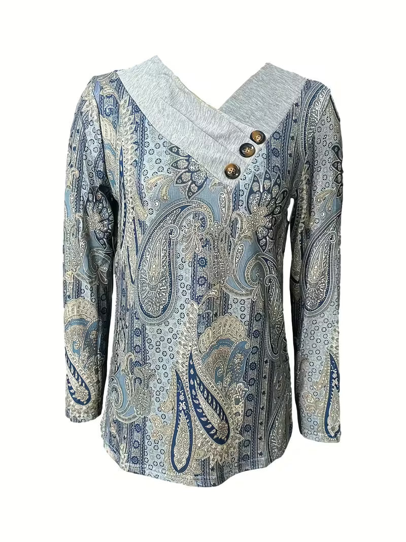 Vespora | Paisley Print Cowl Neck Top with Buttons