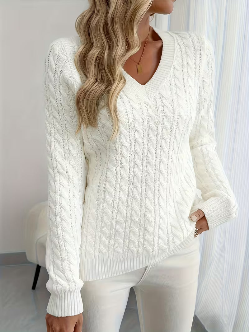 Lenea | Cable Knit V-Neck Long Sleeve Sweater