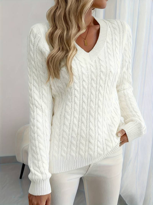 Zivah | Cable Knit V-Neck Long Sleeve Sweater