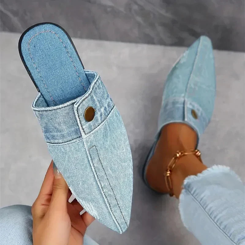 Evropi | Pointed Toe Denim Mule Flats