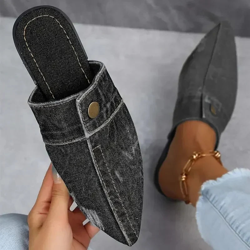 Evropi | Pointed Toe Denim Mule Flats