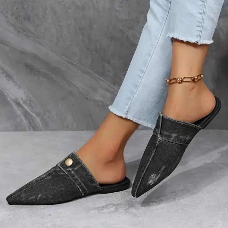 Evropi | Pointed Toe Denim Mule Flats