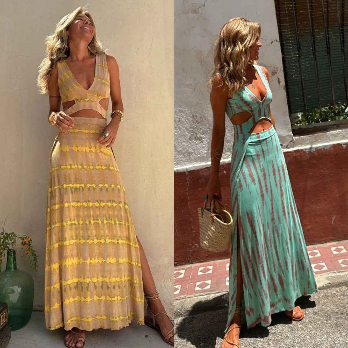 Teigra | Maxi Dress V Neck Cutout Slit