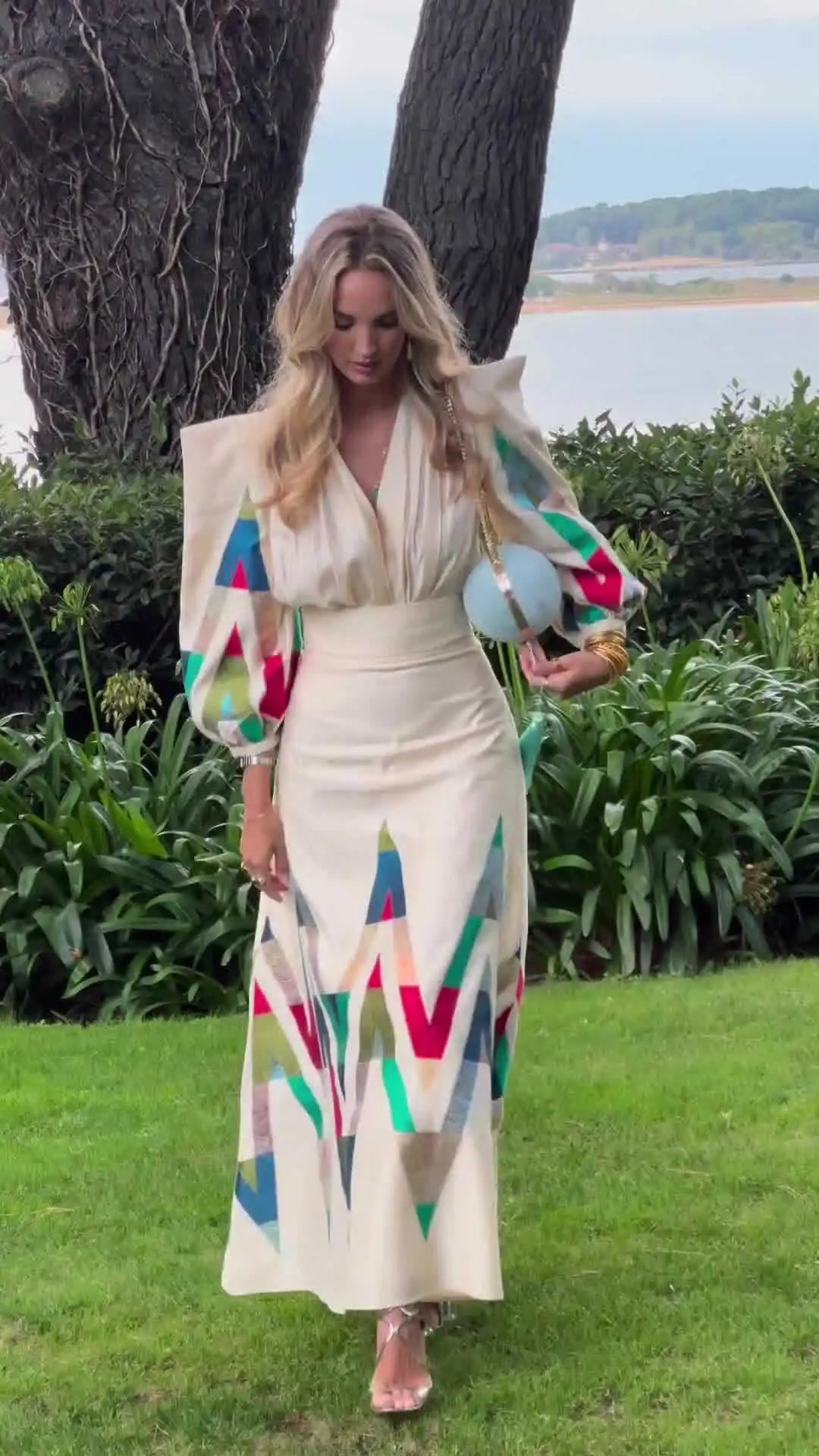 Eleni | Maxi Dress Geometric Print Puff Sleeves