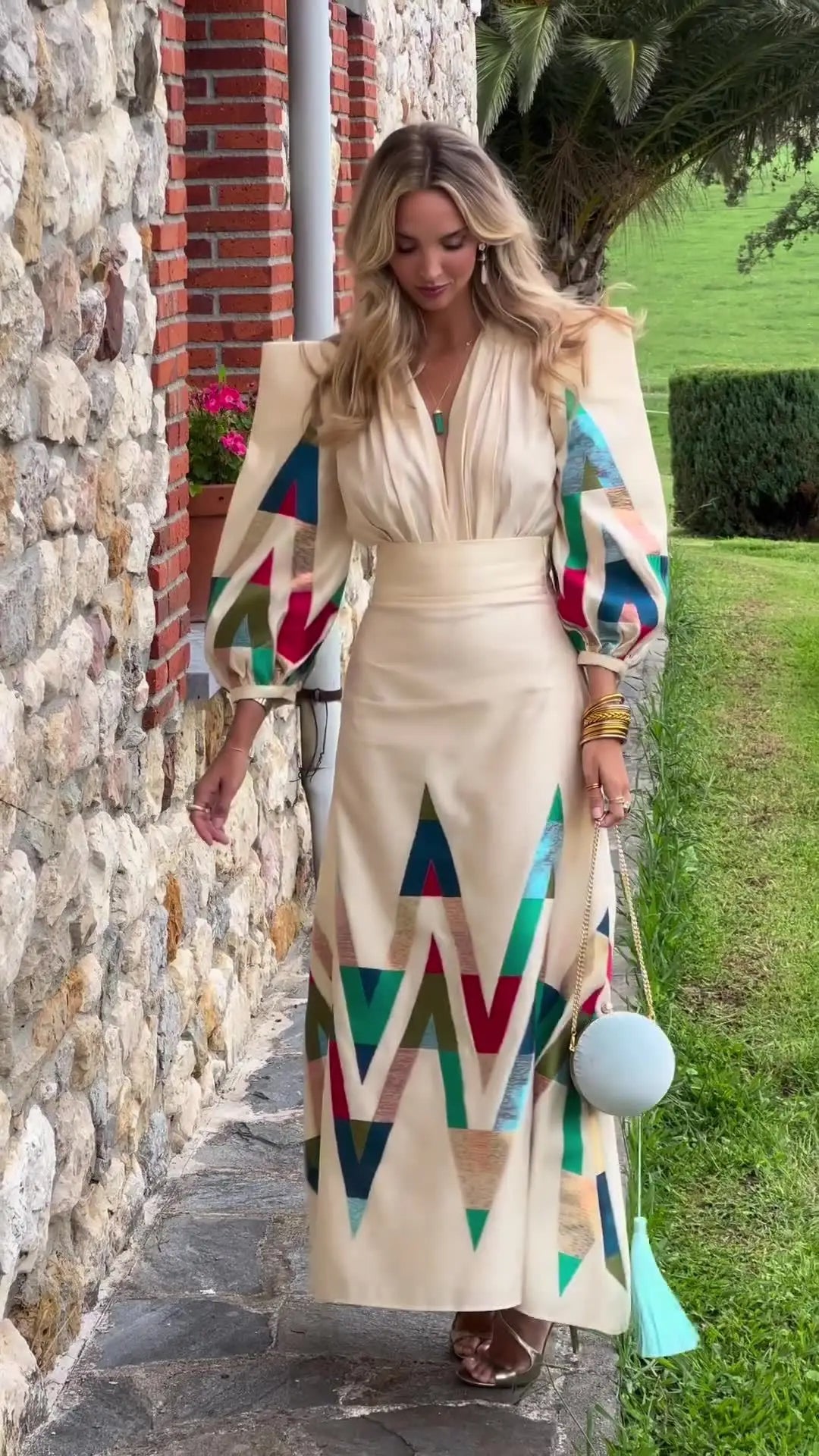 Eleni | Maxi Dress Geometric Print Puff Sleeves