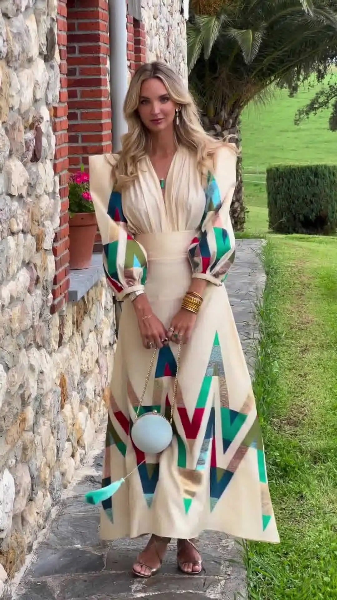 Eleni | Maxi Dress Geometric Print Puff Sleeves