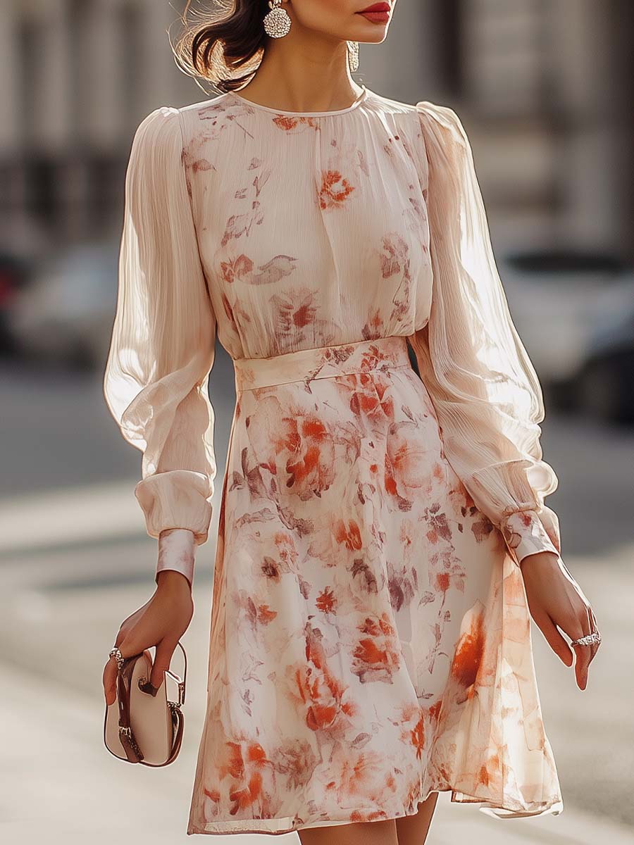 Shiella - Floral Pleated Long Sleeve Midi Dress