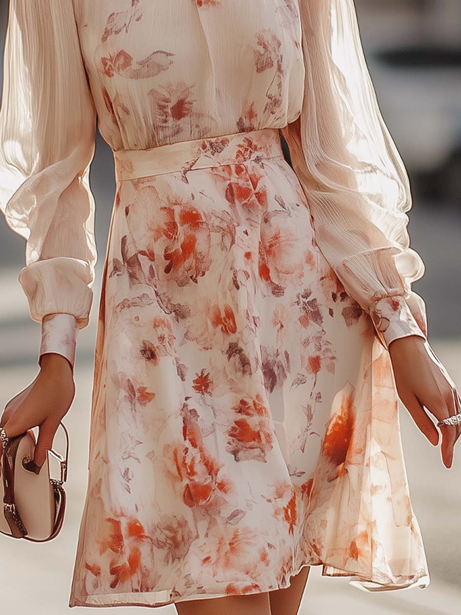 Shiella - Floral Pleated Long Sleeve Midi Dress