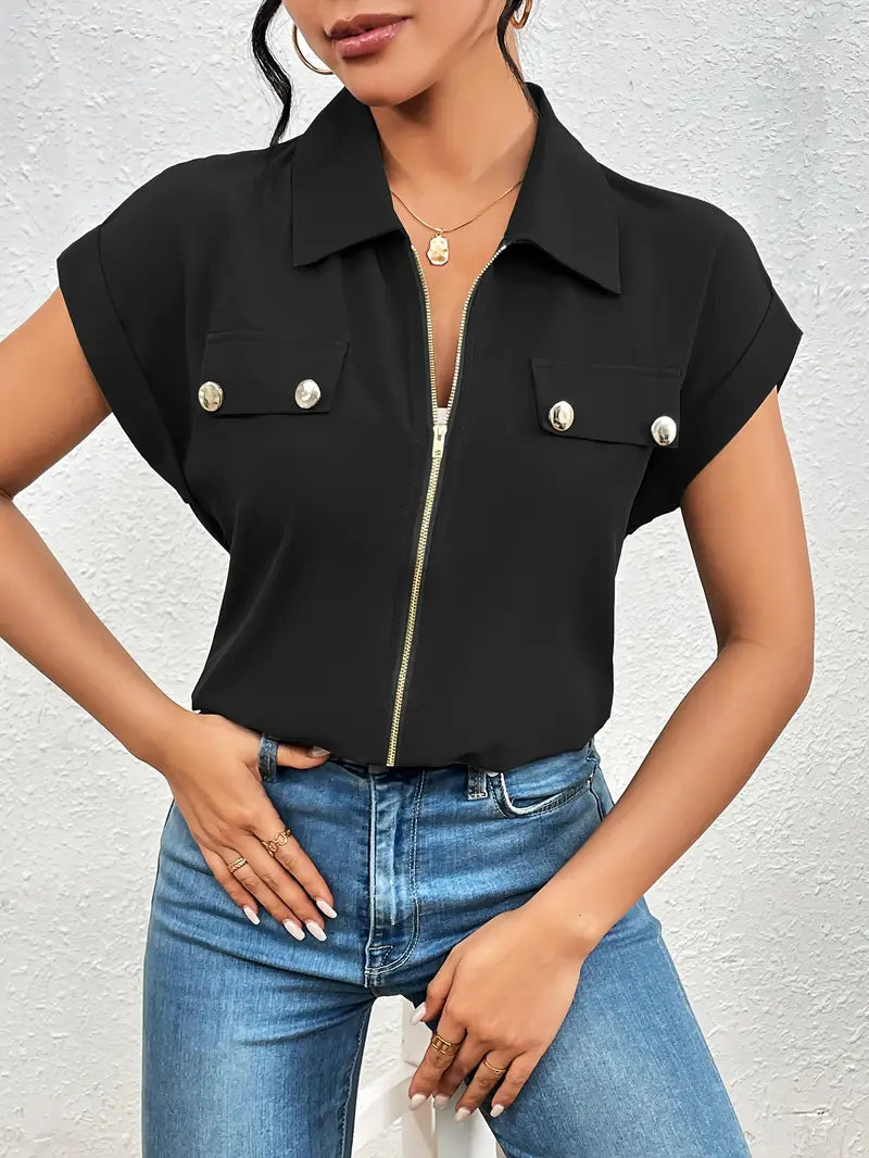 Alfano | Zip Front Collared Short Sleeve Blouse