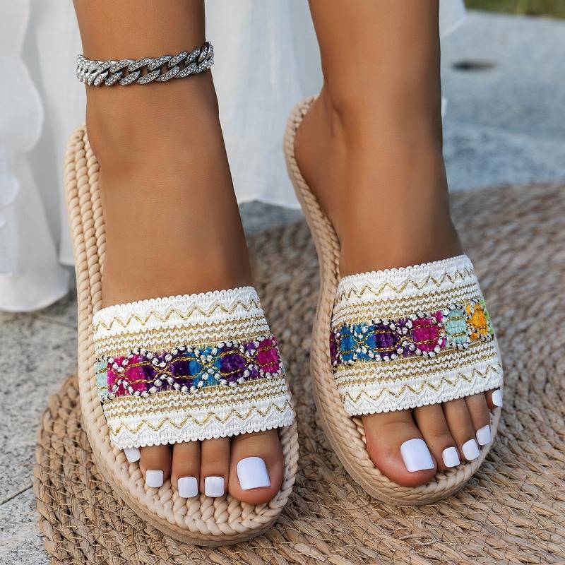 Shantica - Flat Slide Sandals Woven Pattern Strap