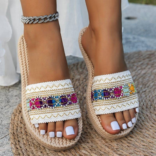 Shantica - Flat Slide Sandals Woven Pattern Strap
