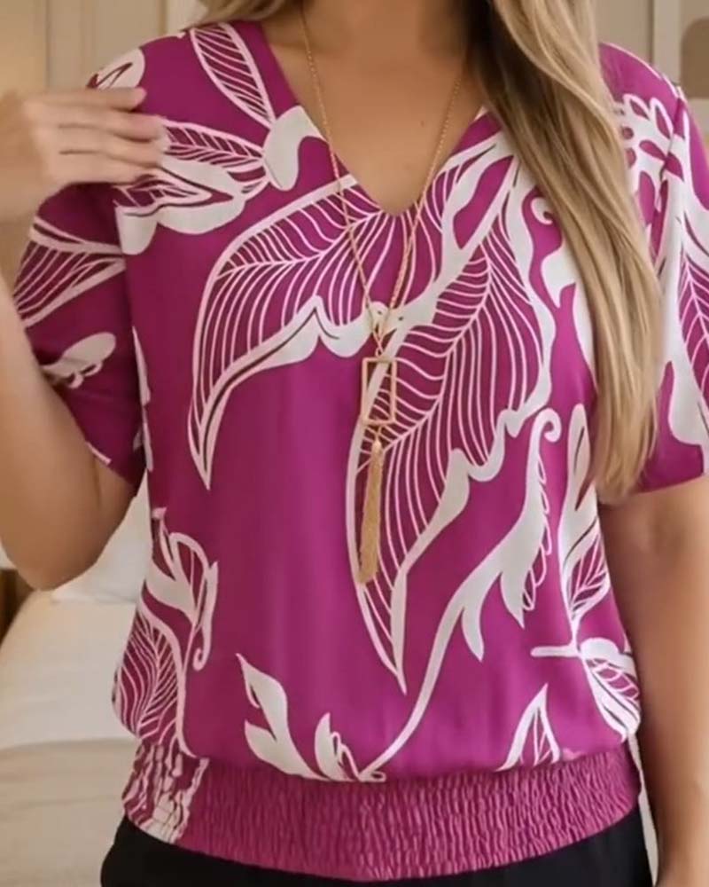 Isheba | Blouse with Short Sleeves and Leaf Print