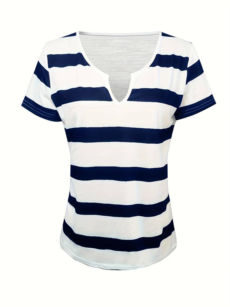 Kiley | Striped Split Neck Short Sleeve T-Shirt