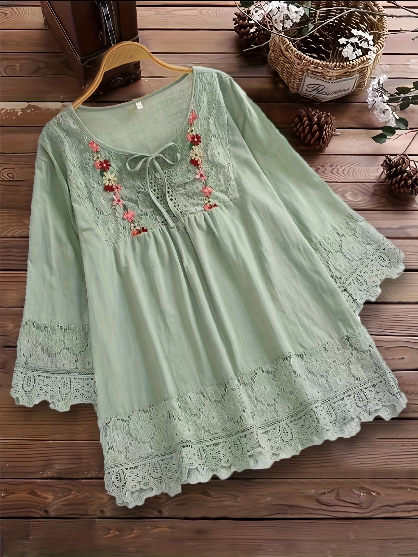 Esmeralda | Embroidered Lace Blouse With Tie Neck