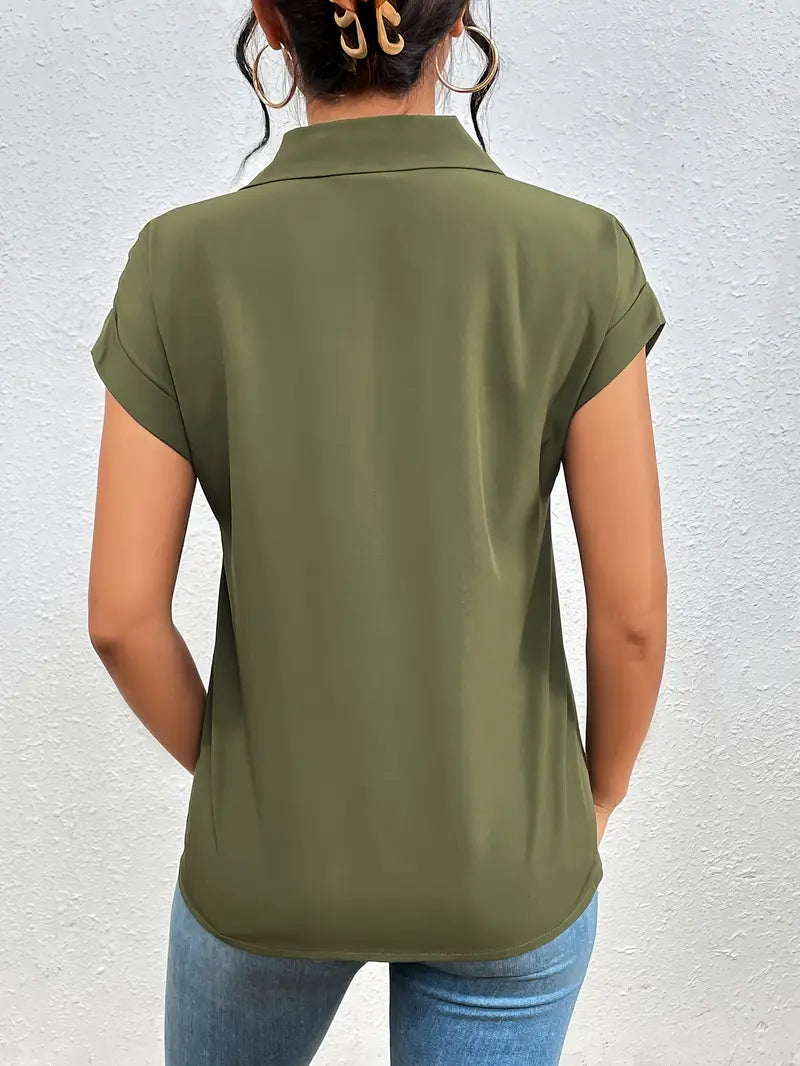 Alfano | Zip Front Collared Short Sleeve Blouse