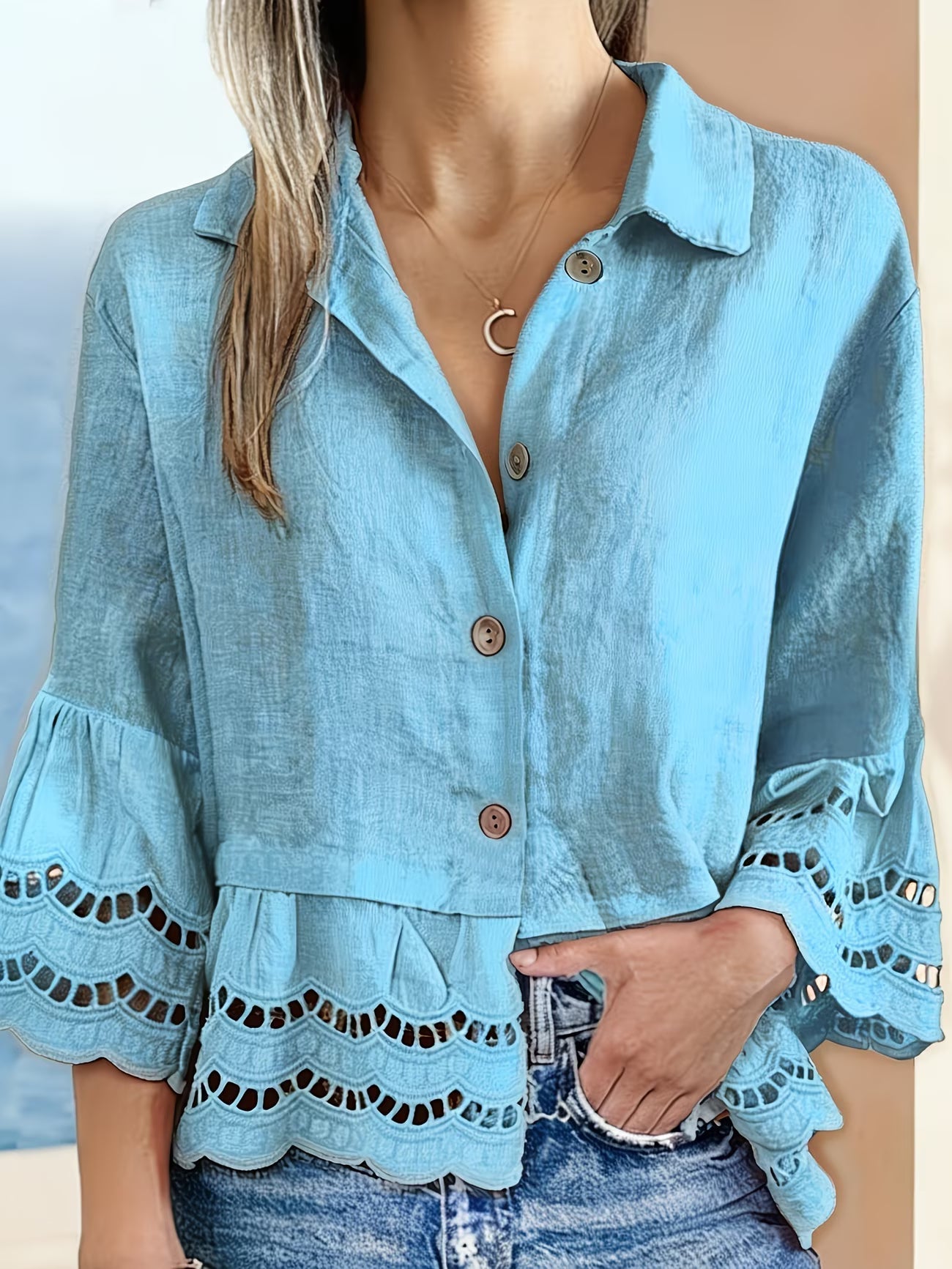 Solenn | Long Sleeve Ruffle Hem Button Blouse