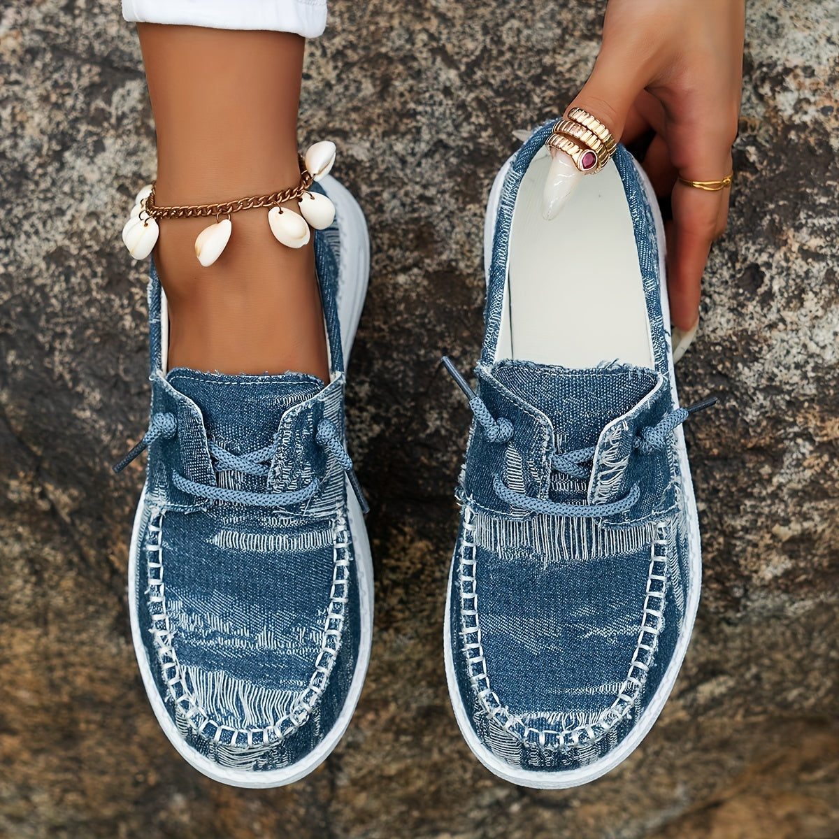 Astretira | Lace-Up Flat Sneakers with Denim-Style Design