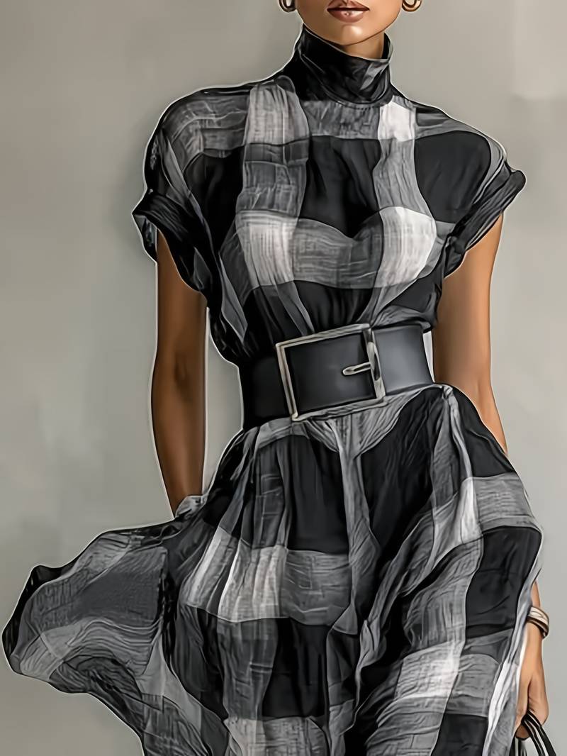Nethara | Plaid High Neck Belted Maxi Dress