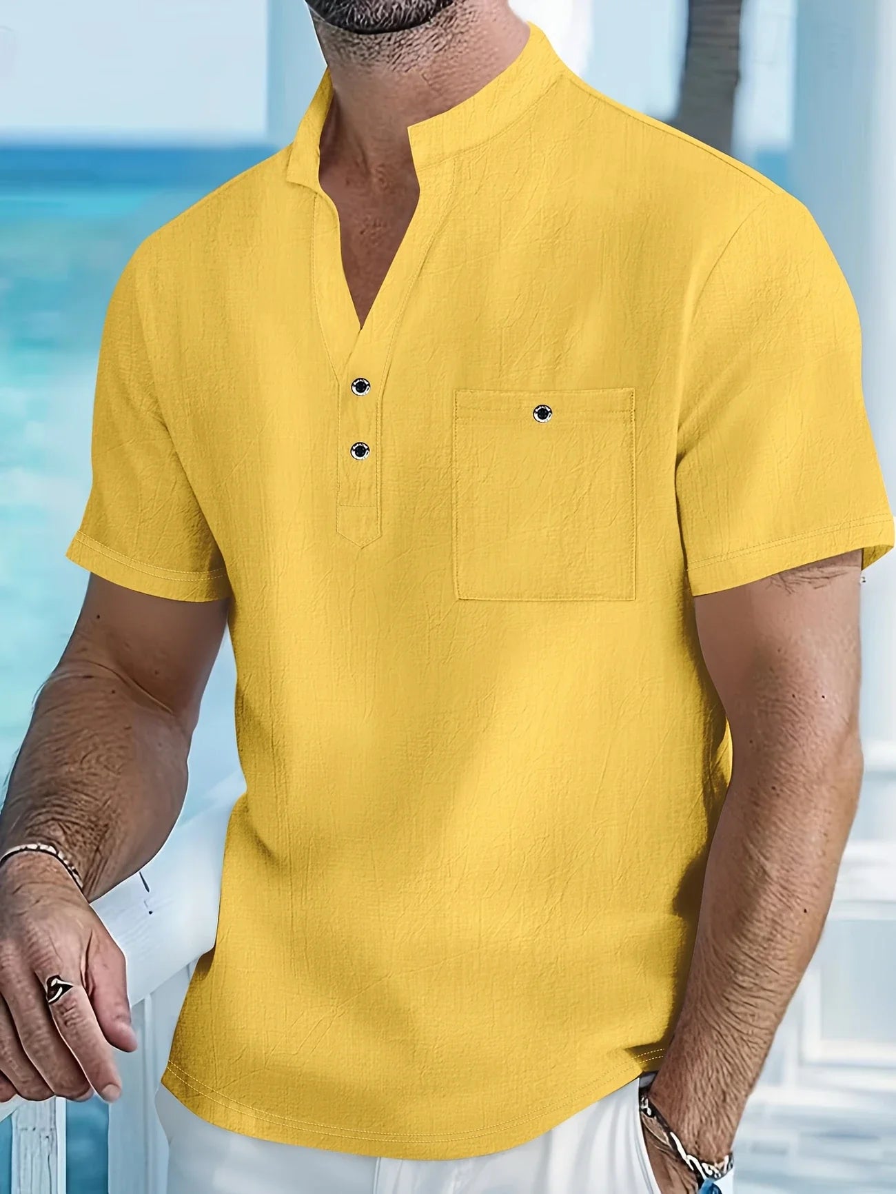 Markos | Short Sleeve Band Collar Henley Shirt