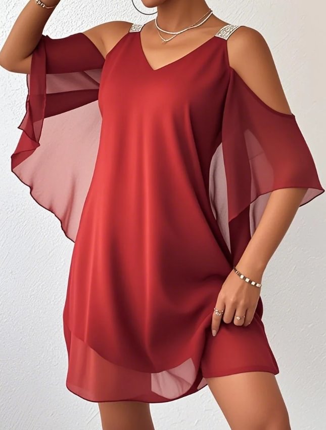 Lilliana | Cold Shoulder V Neck Chiffon Maxi Dress