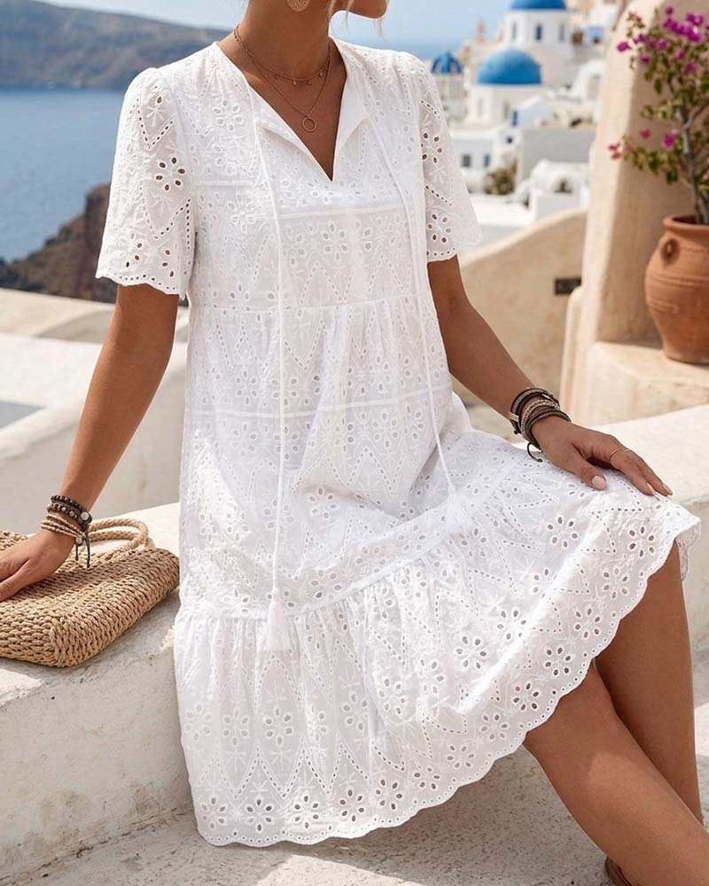 Aphinya | Eyelet V-Neck Short Sleeve Dress