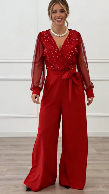 Meira - Embellished Mesh Sleeve Wide Leg Jumpsuit