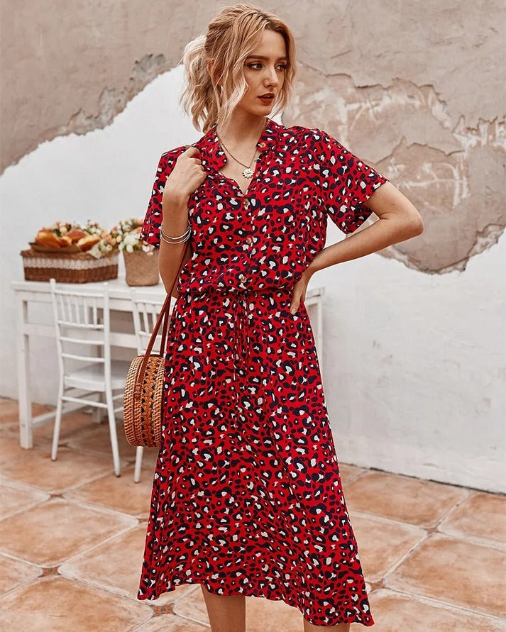 Carine | V Neck Short Sleeve Printed Dress