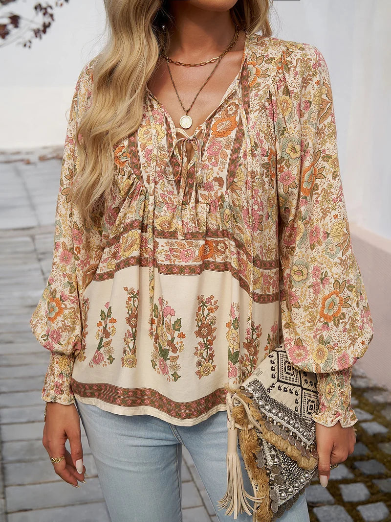 Sallie - Printed Peasant Blouse Long Sleeve Top